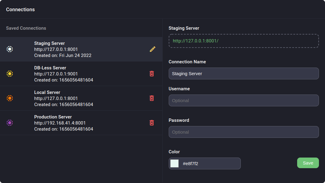 Primate dashboard managing multiple connections