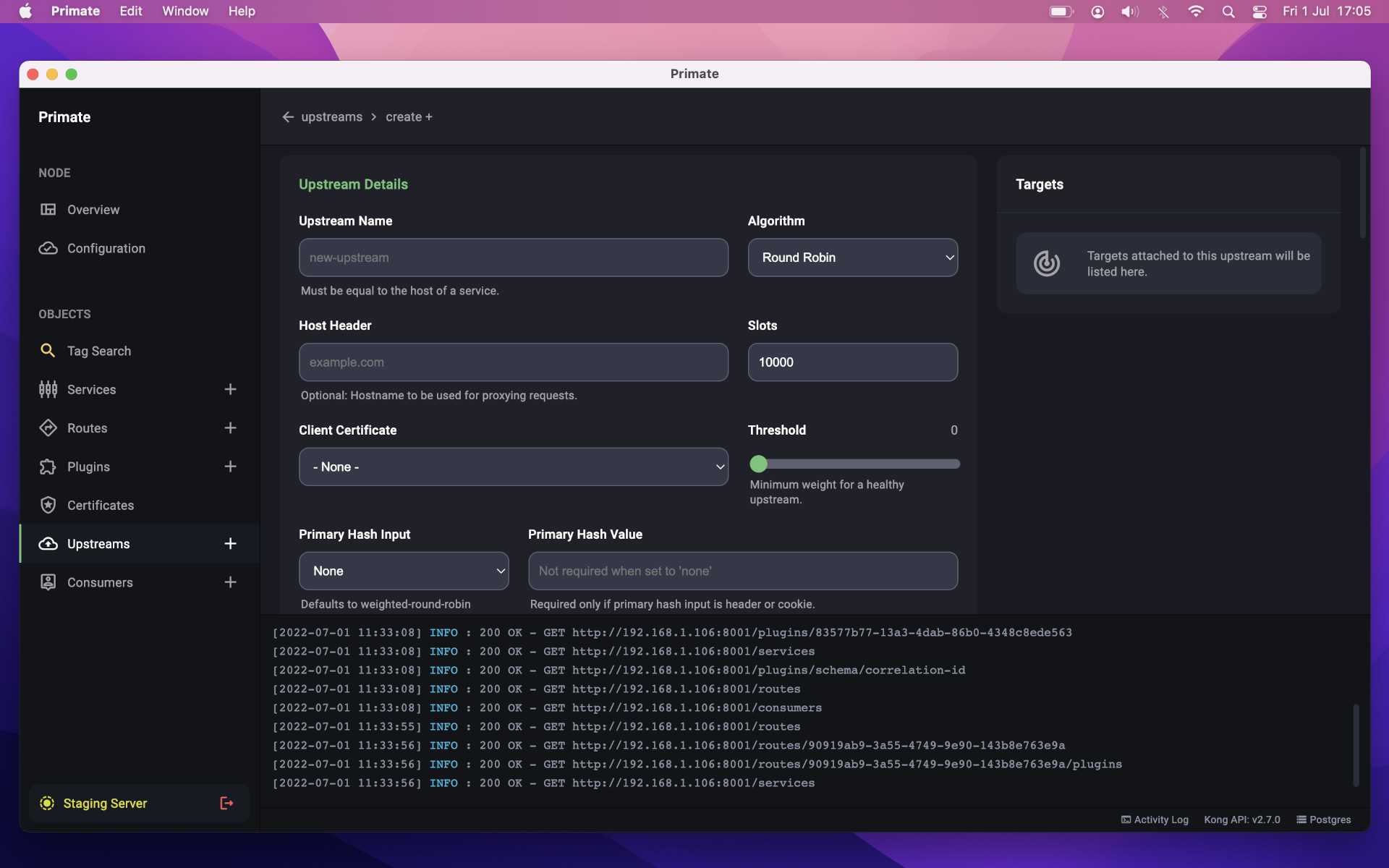 Primate dashboard running on macOS